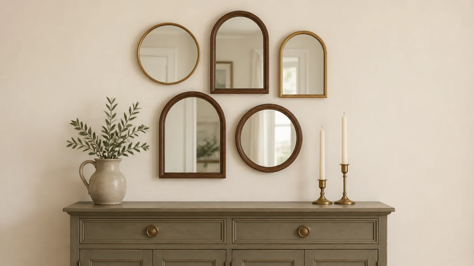 cluster of five small mirrors in mixed shapes above a dining buffet