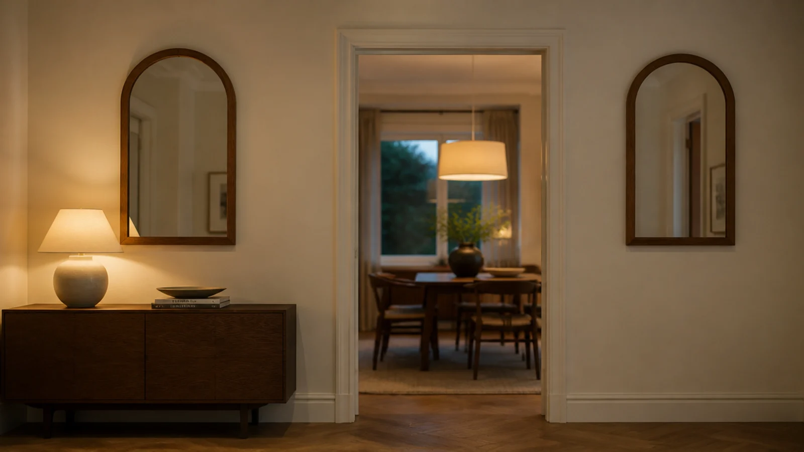 pair of matching arched mirrors flanking a dining room doorway symmetrically