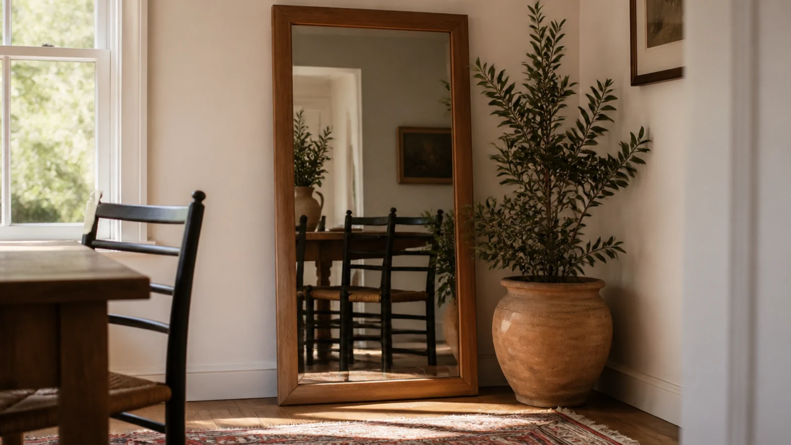 tall mirror leaning in a dining room corner reflecting the table and chairs