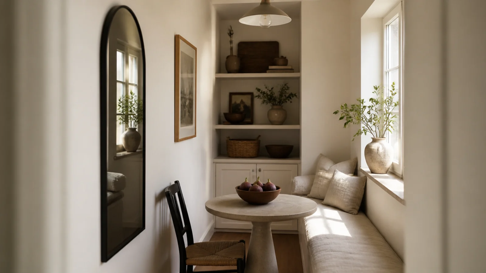 tall arched mirror hung in a slim breakfast nook beside a bench seat