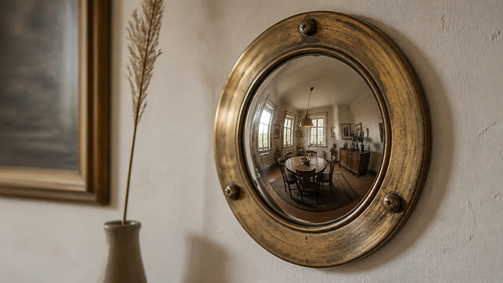 small convex porthole mirror in a brass frame on a cream dining wall