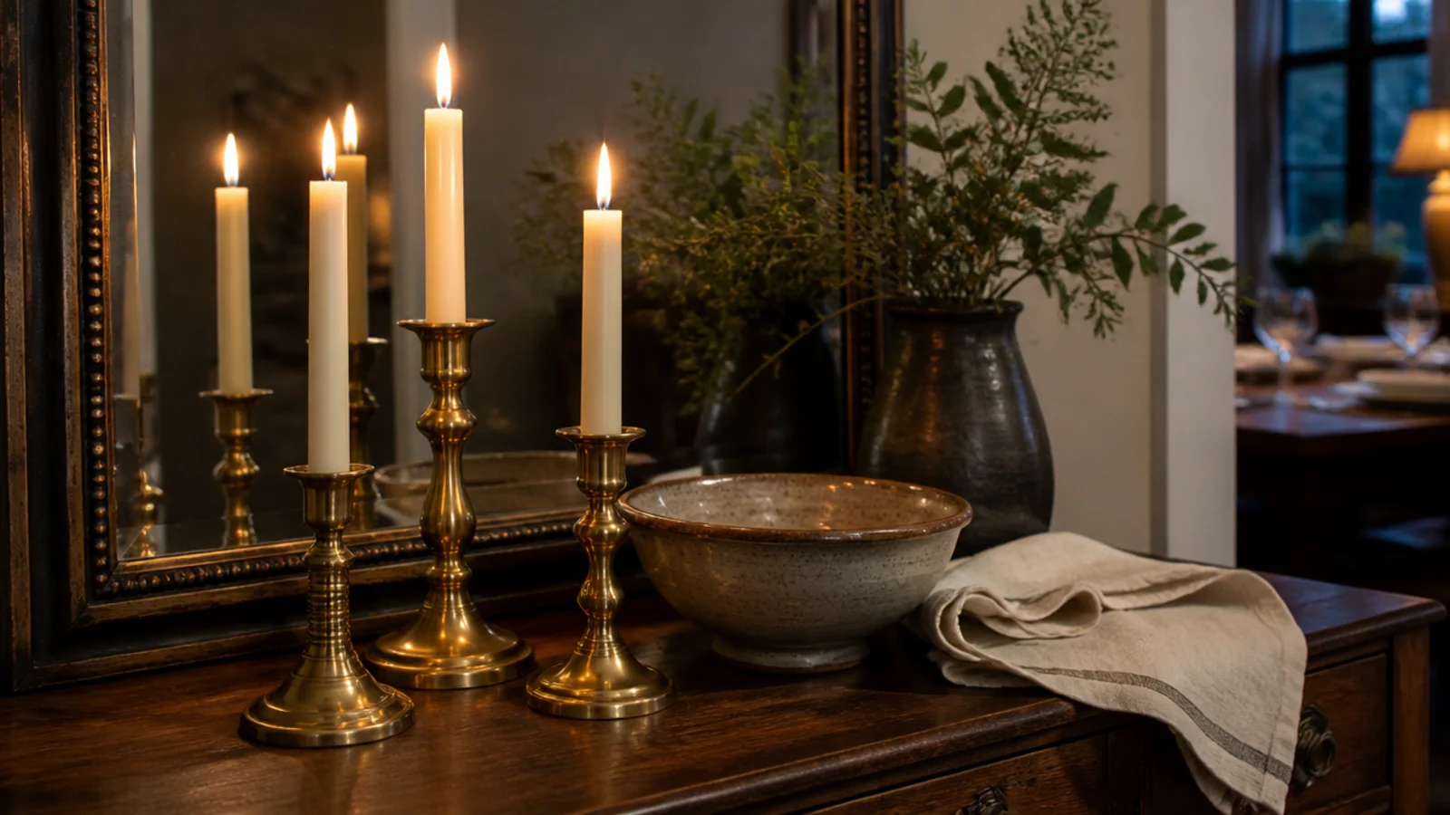 taper candles reflected in a dining room mirror doubling the flames