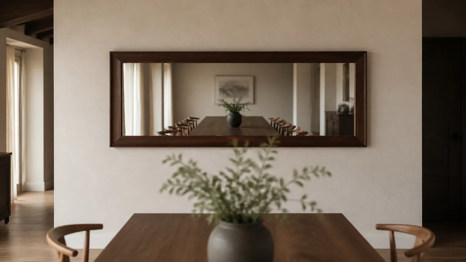 wide mirror hung as artwork on the end wall of a dining room