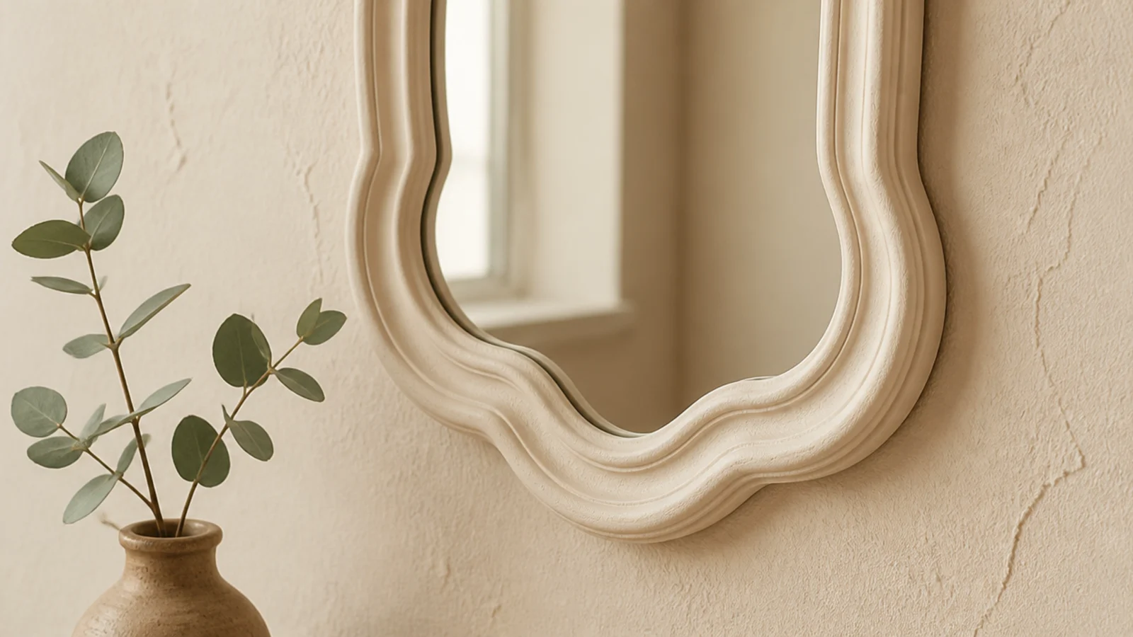 mirror frame painted the same cream as the dining room wall behind it
