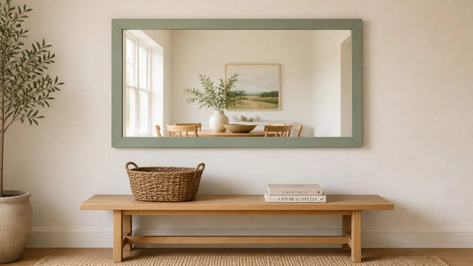 plain frameless mirror surrounded by simple painted wood trim moulding