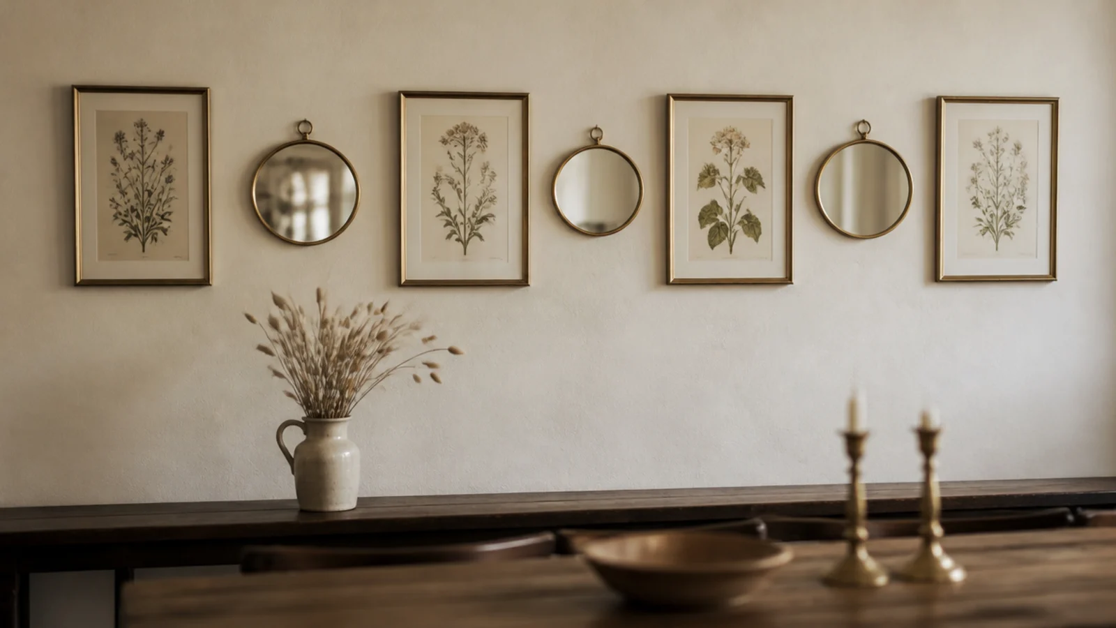 gallery wall mixing small mirrors with framed prints above a dining bench