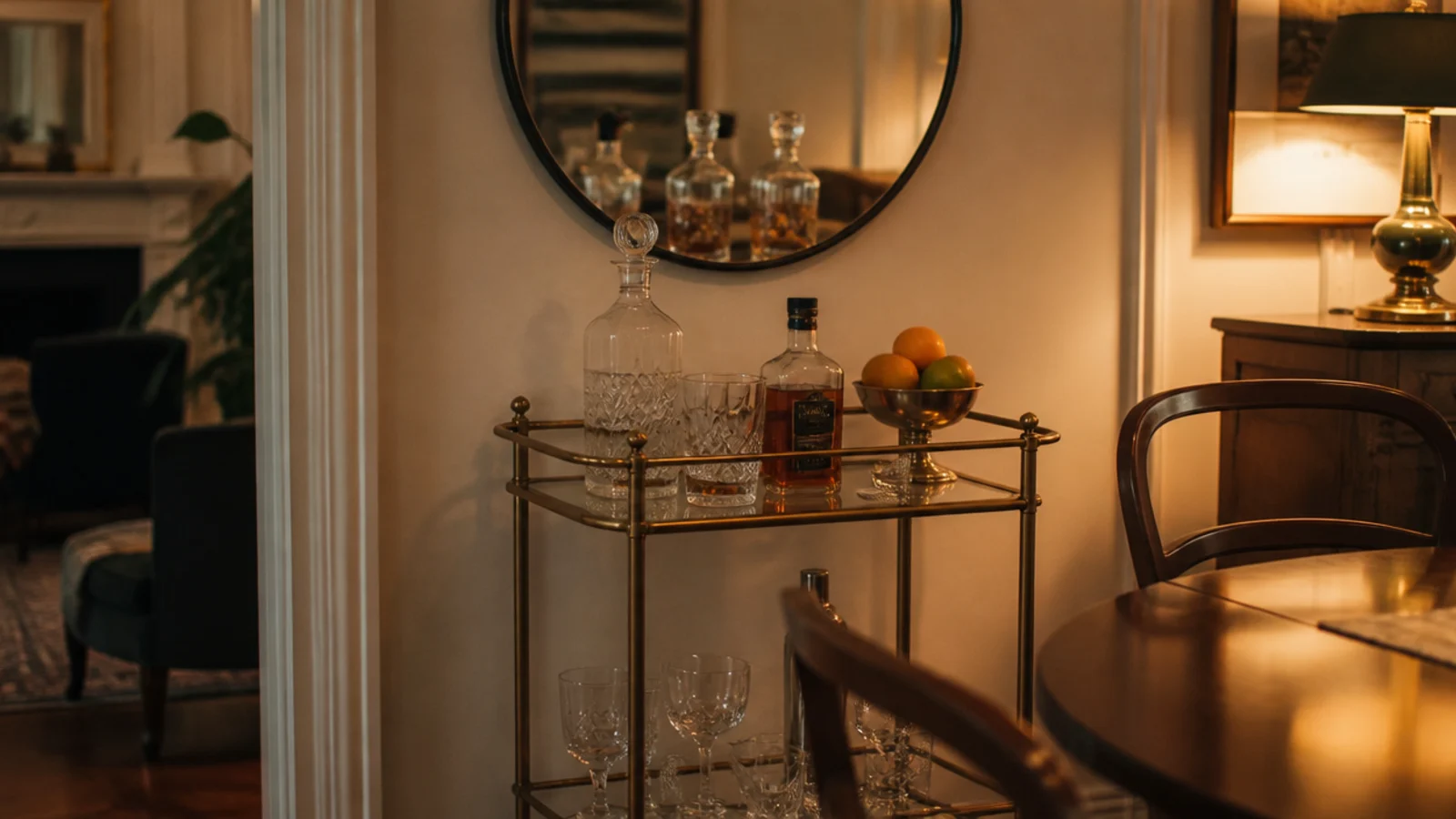 round mirror hung above a brass bar cart in a dining room corner