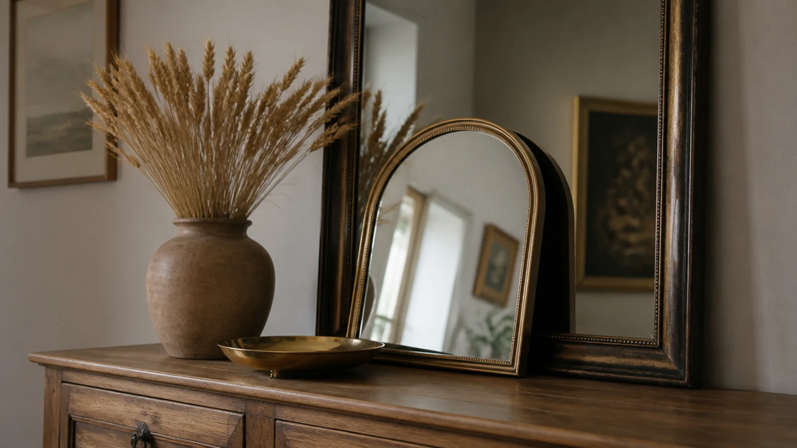 small mirror leaning on a sideboard in front of a larger hung mirror
