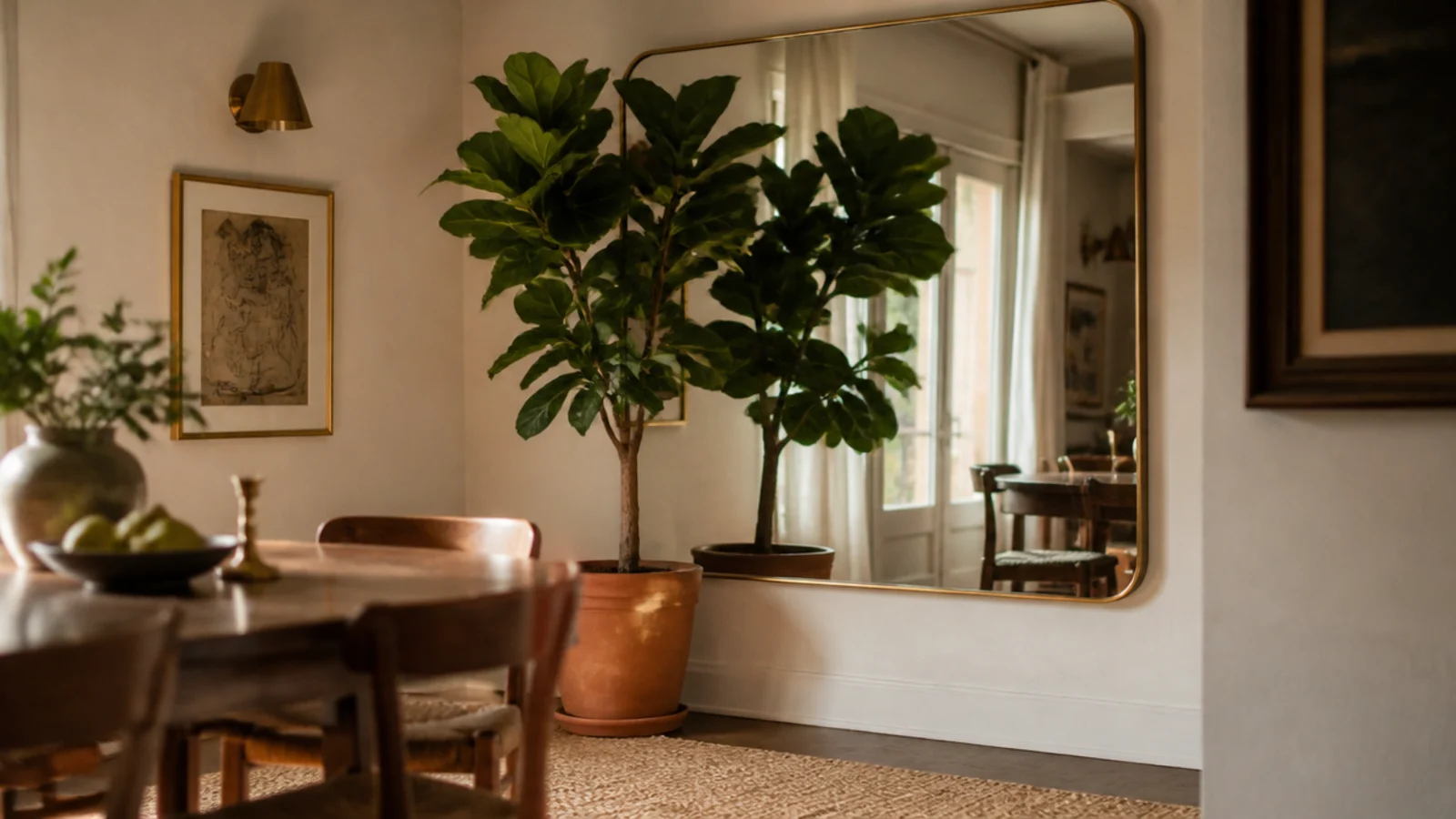 large leafy plant silhouetted against a dining room wall mirror