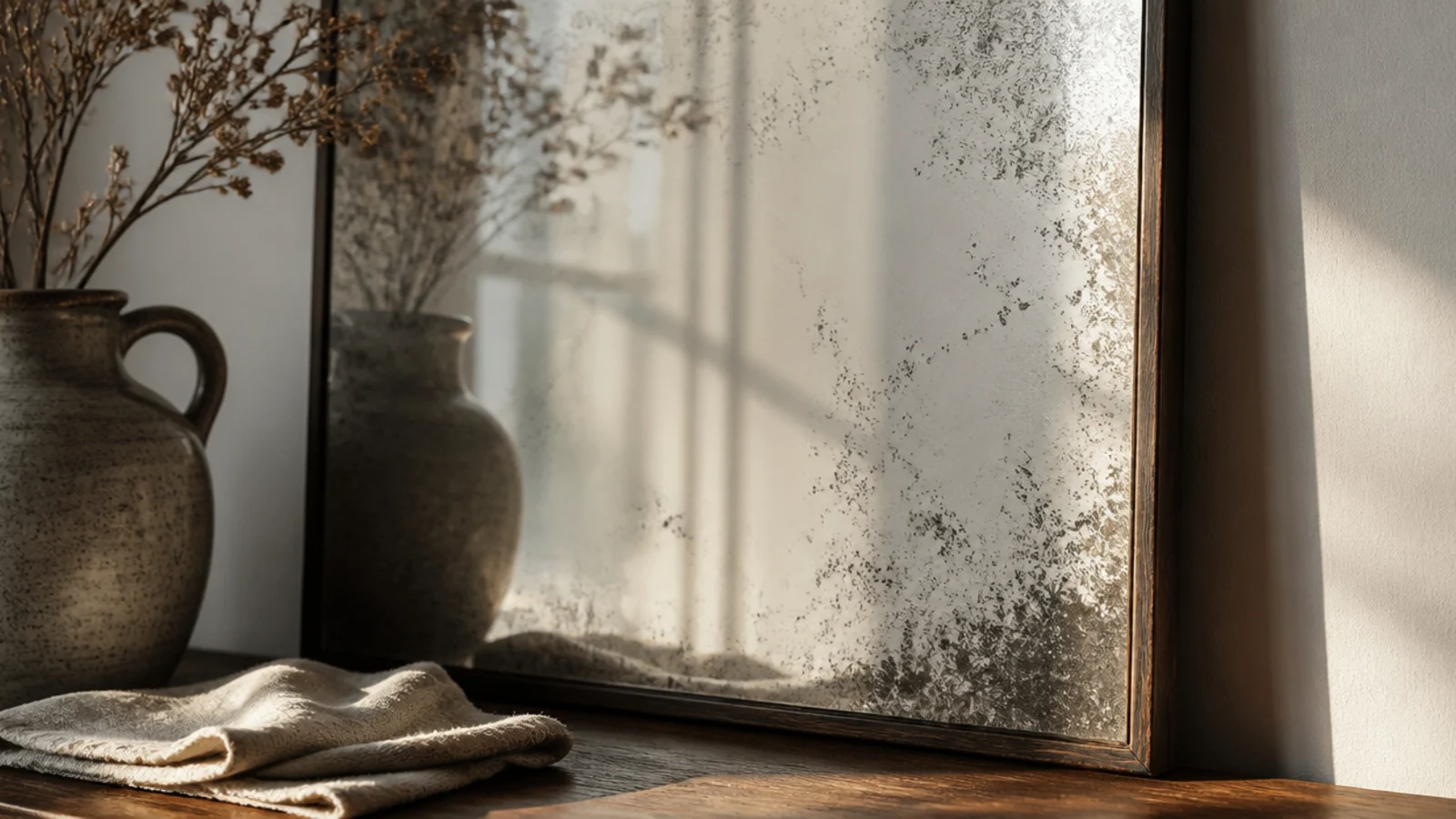 antiqued foxed mirror glass softening bright light on a dining wall