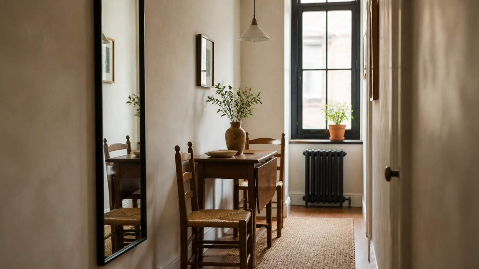 narrow full height mirror widening a slim galley dining space visually