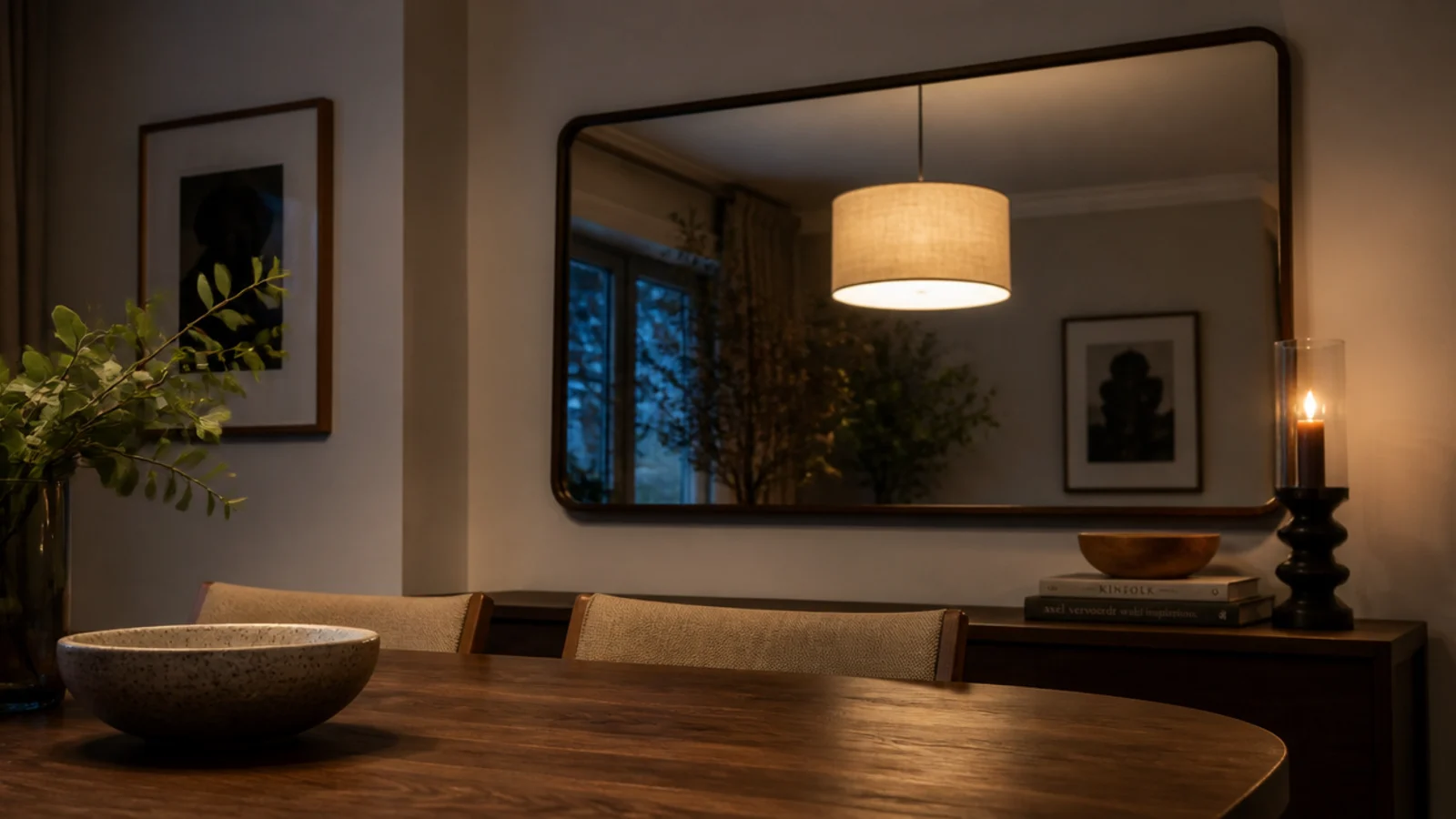 dining mirror positioned to reflect a warm pendant light above the table