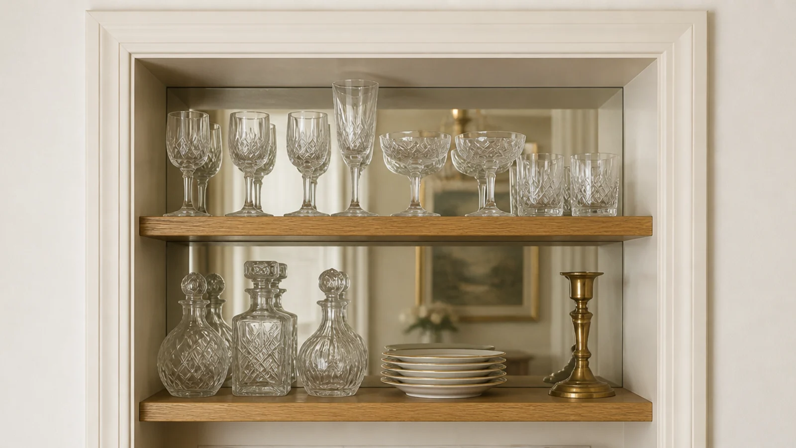 mirror backed dining niche shelf holding glassware and stoneware pieces