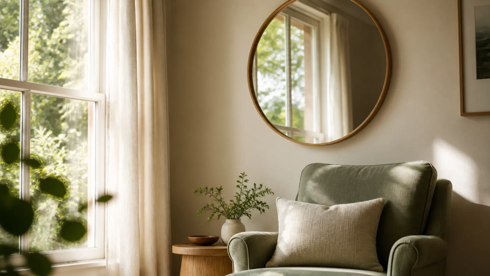 round mirror on the wall facing a window reflecting daylight into the room