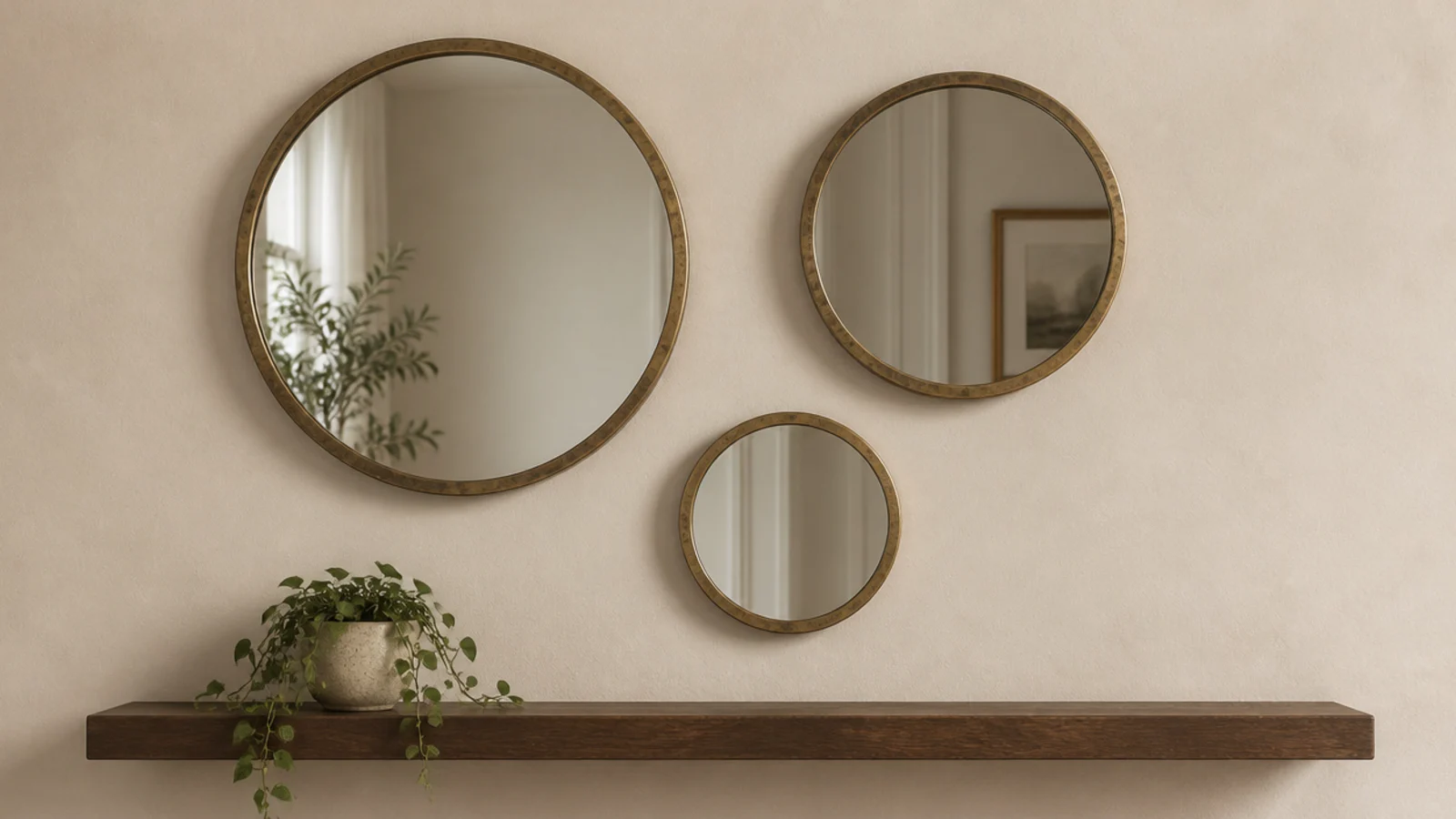 three small round mirrors grouped in a loose triangle on a cream wall