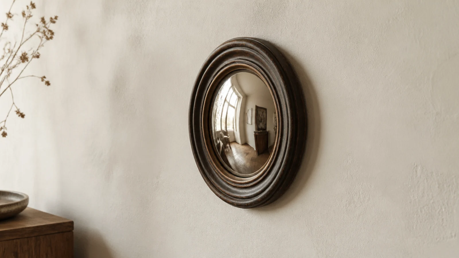 small convex round mirror hung alone on a wide cream plaster wall