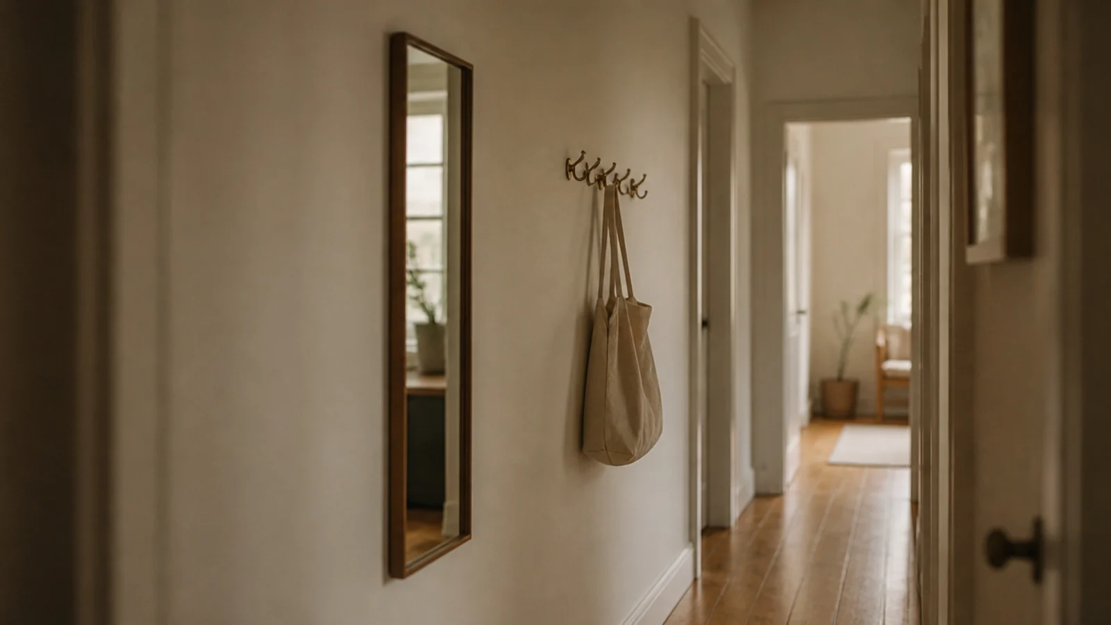 slim vertical mirror mounted on the long wall of a narrow hallway