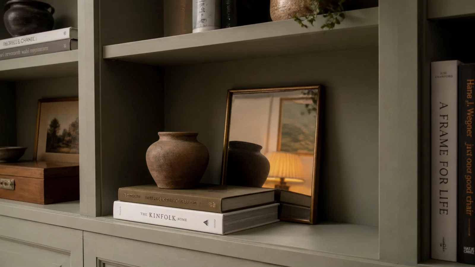 small mirror leaning inside a styled bookcase bay reflecting warm lamplight