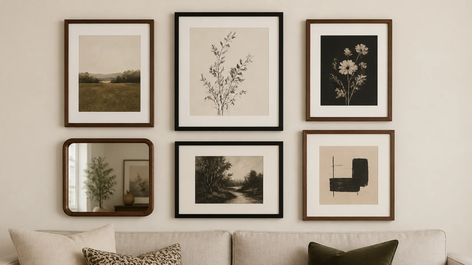 framed art gallery wall with one mirror included among the prints