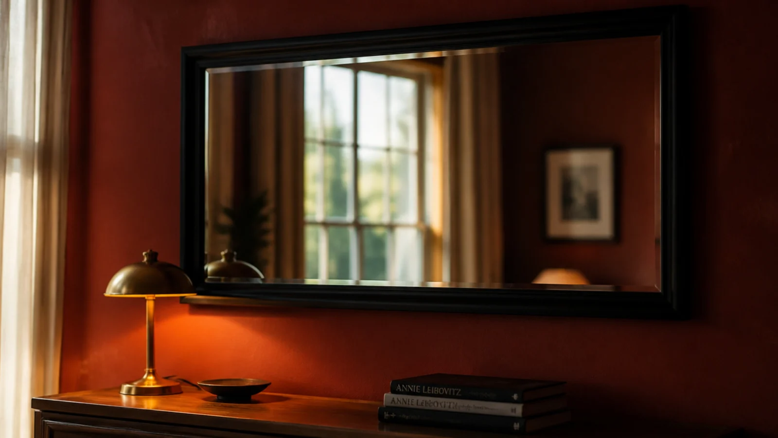 black framed mirror on a deep clay painted wall in soft lamplight