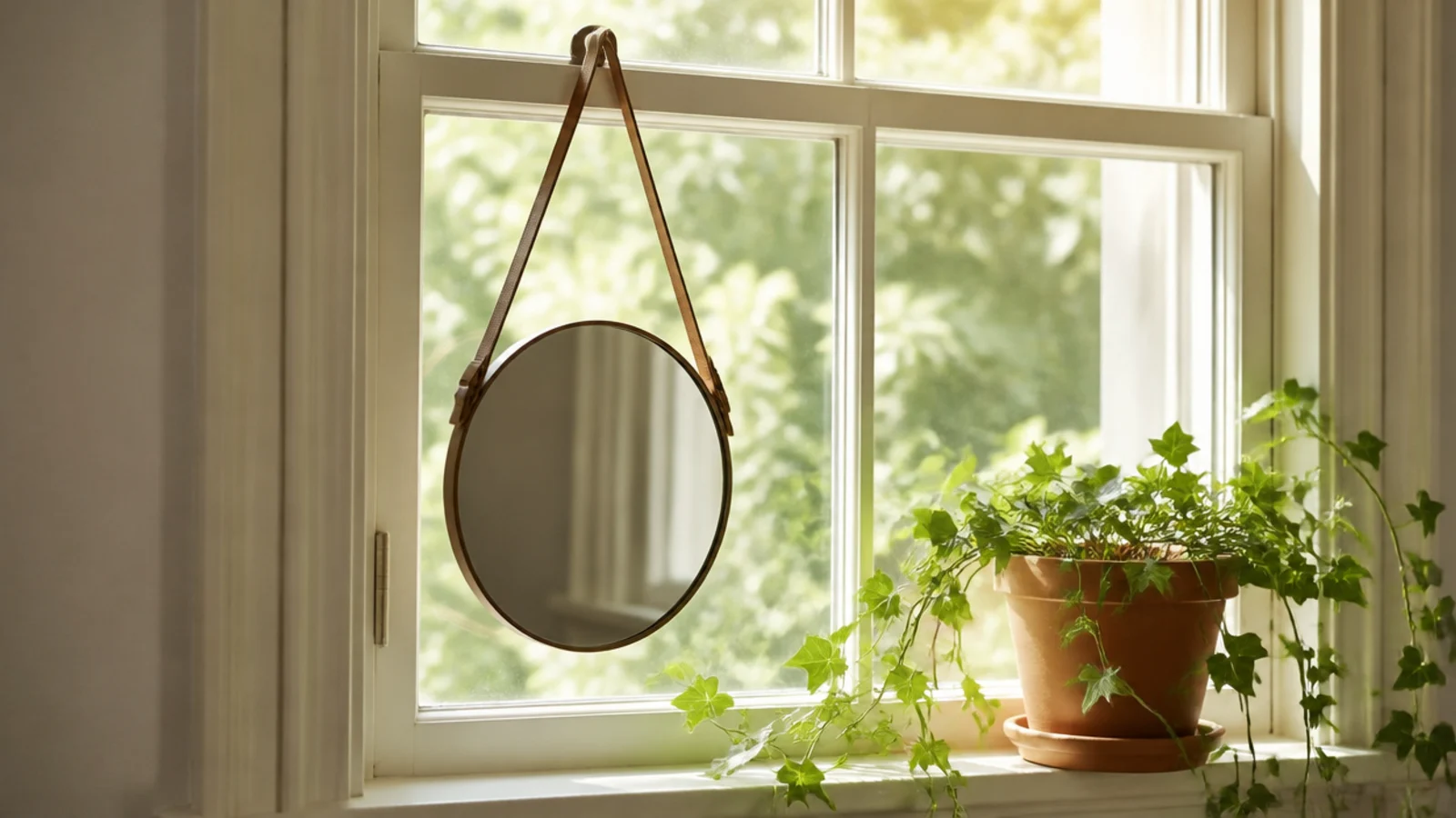 small mirror suspended in front of a window with light around its edges