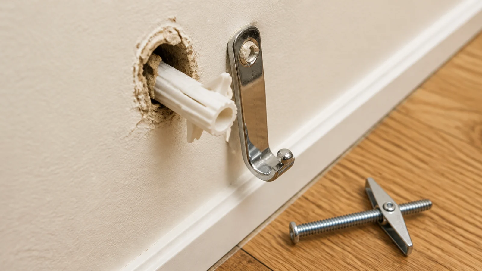 plastic wall plug pulled loose from drywall beside a fallen mirror hook