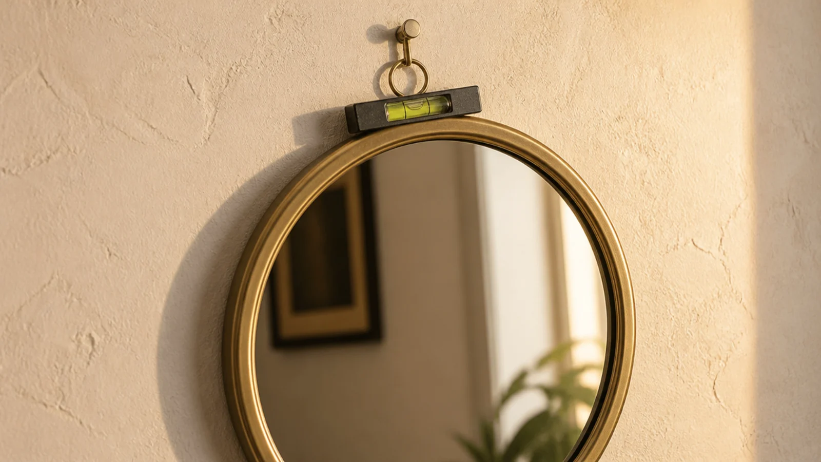round wall mirror hanging visibly crooked from a single central hook