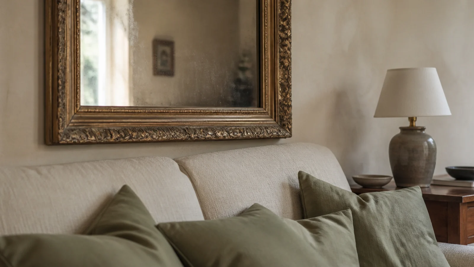 heavy framed mirror hung low above a linen sofa back and cushions