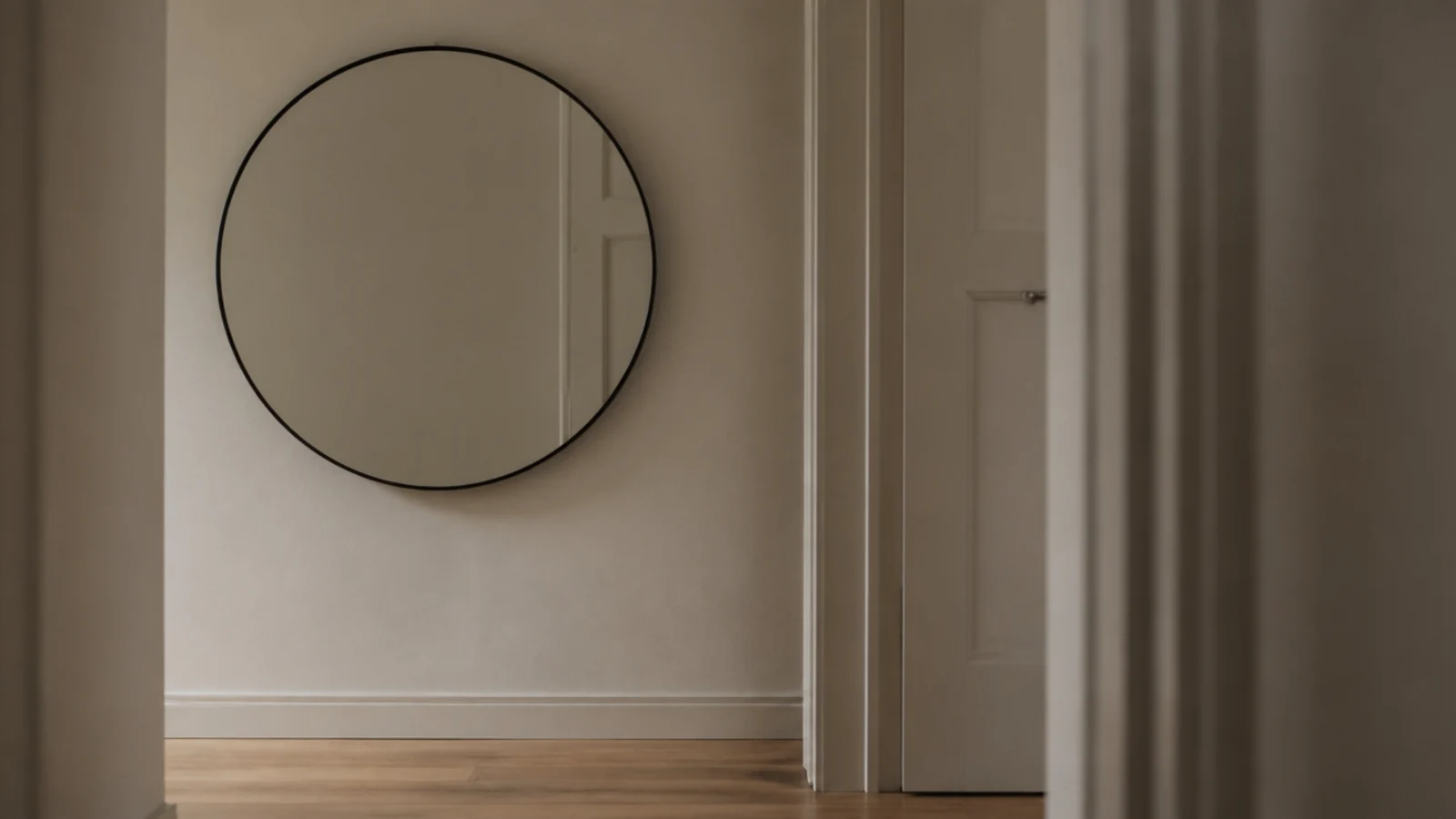 wall mirror reflecting only an empty beige wall and a closed door