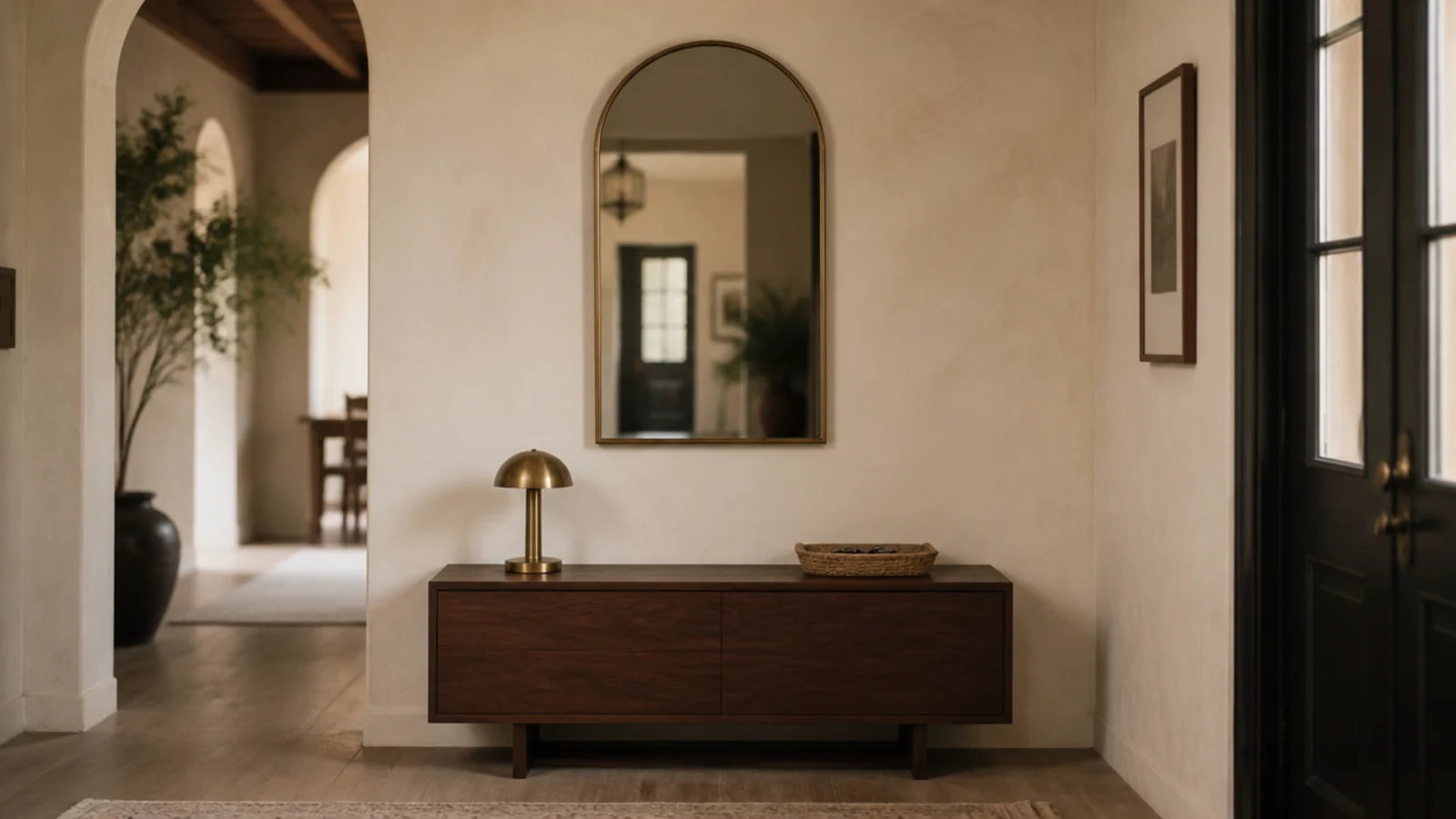 large gap of bare wall between a console top and a hung mirror