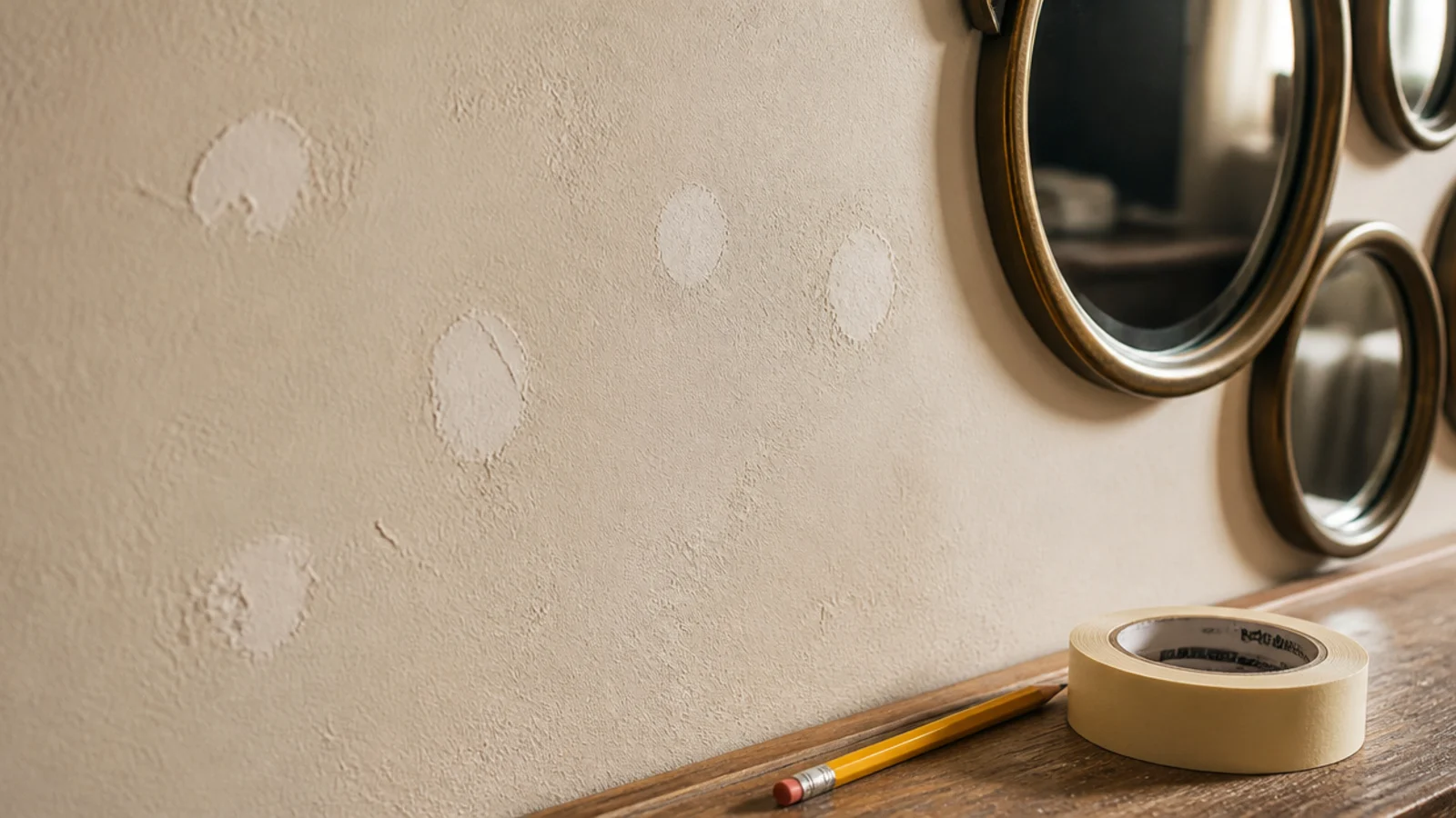 spare filled holes visible beside a rearranged cluster of wall mirrors