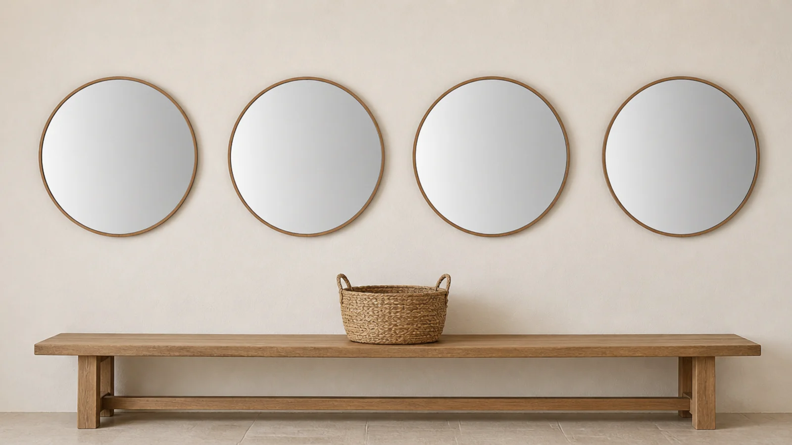 four identical mirrors hung in a flat even row on a plain wall