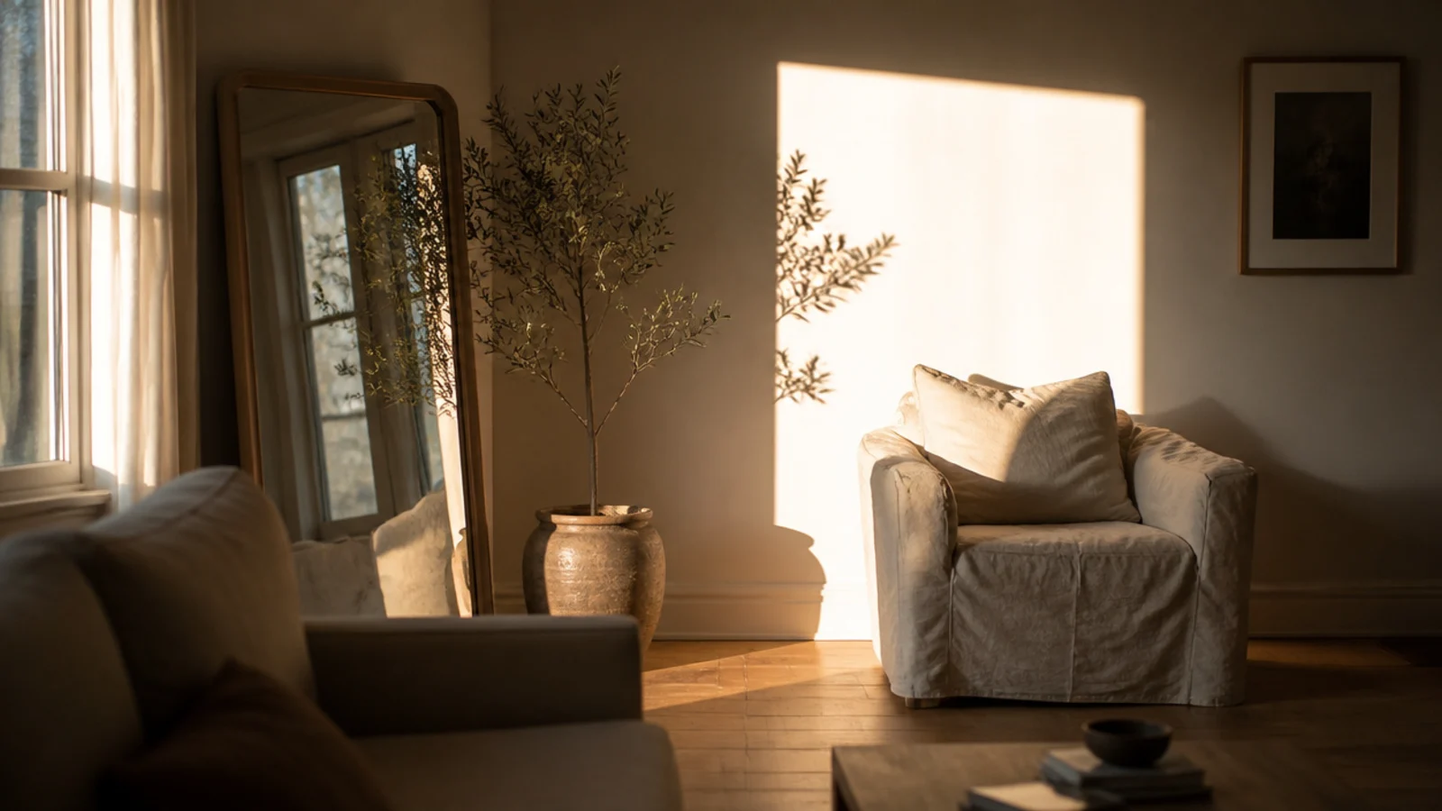 wall mirror throwing harsh glare across a room in strong afternoon sun