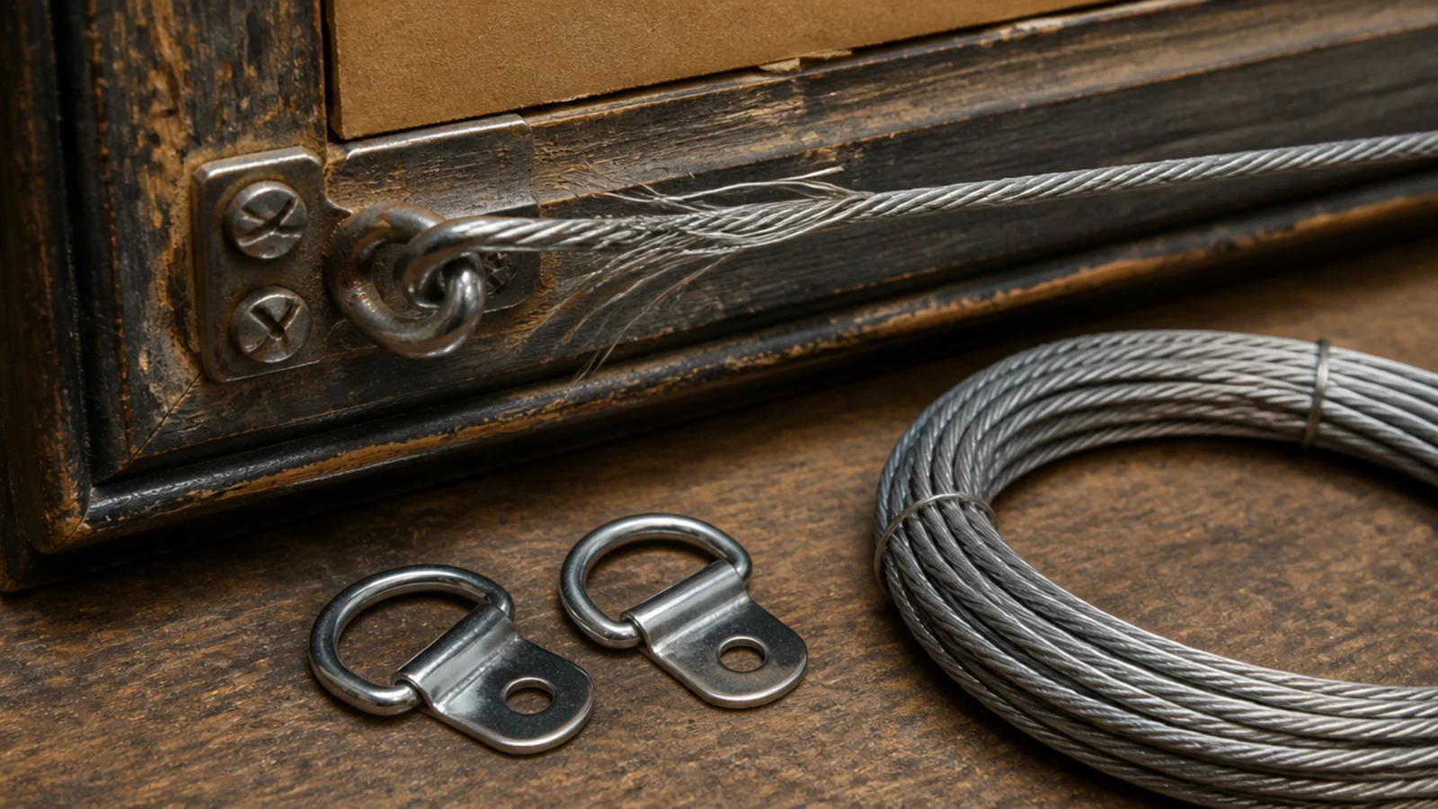 frayed braided picture wire worn thin where it crosses the wall hook