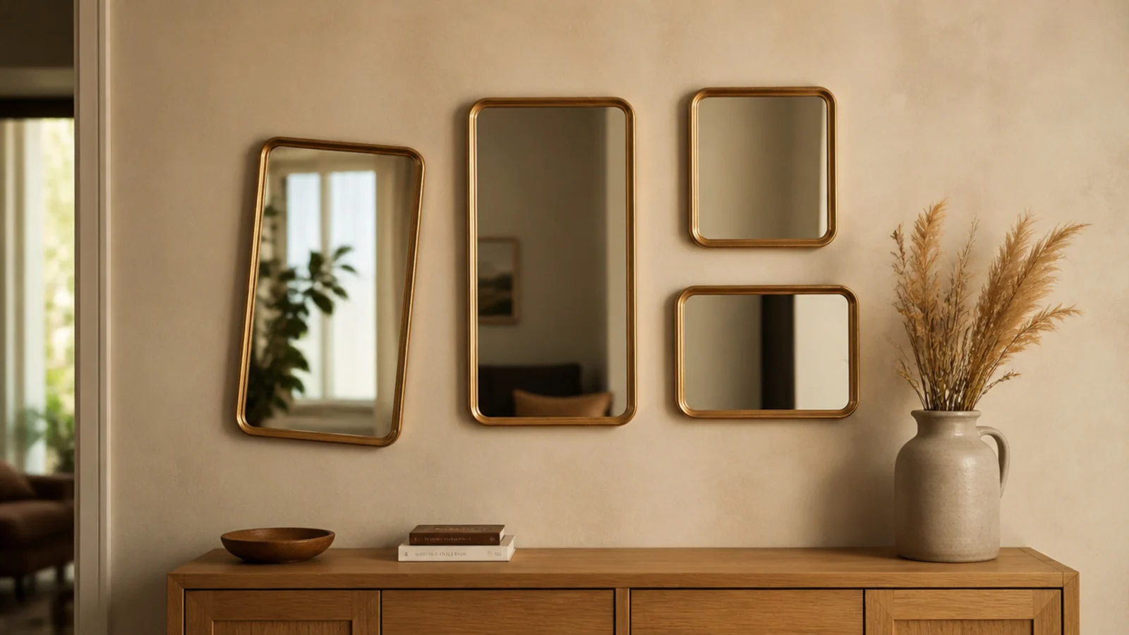 mirror wall showing common mistakes being corrected above a warm console