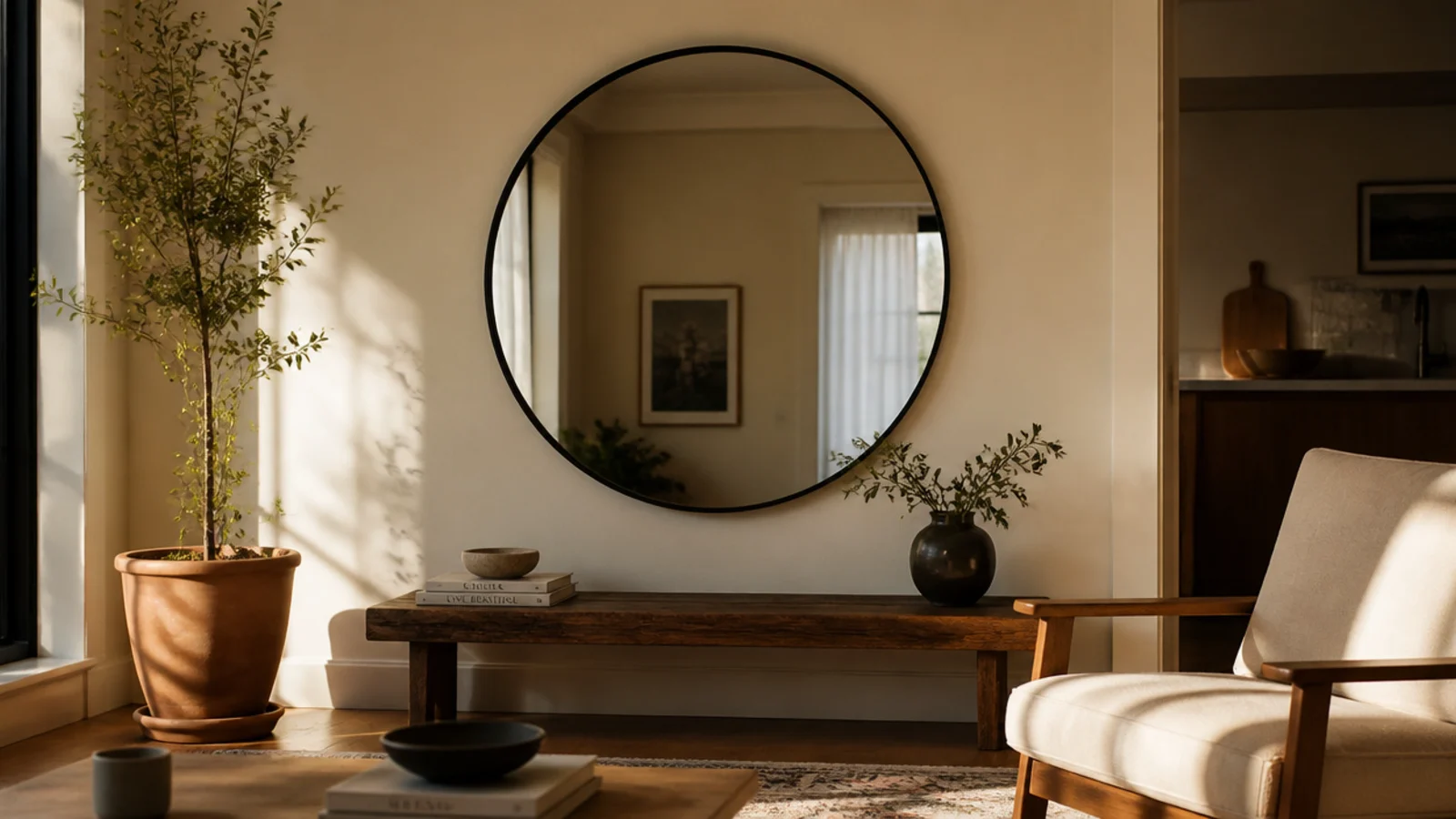 very large round mirror dominating a small cream living room wall