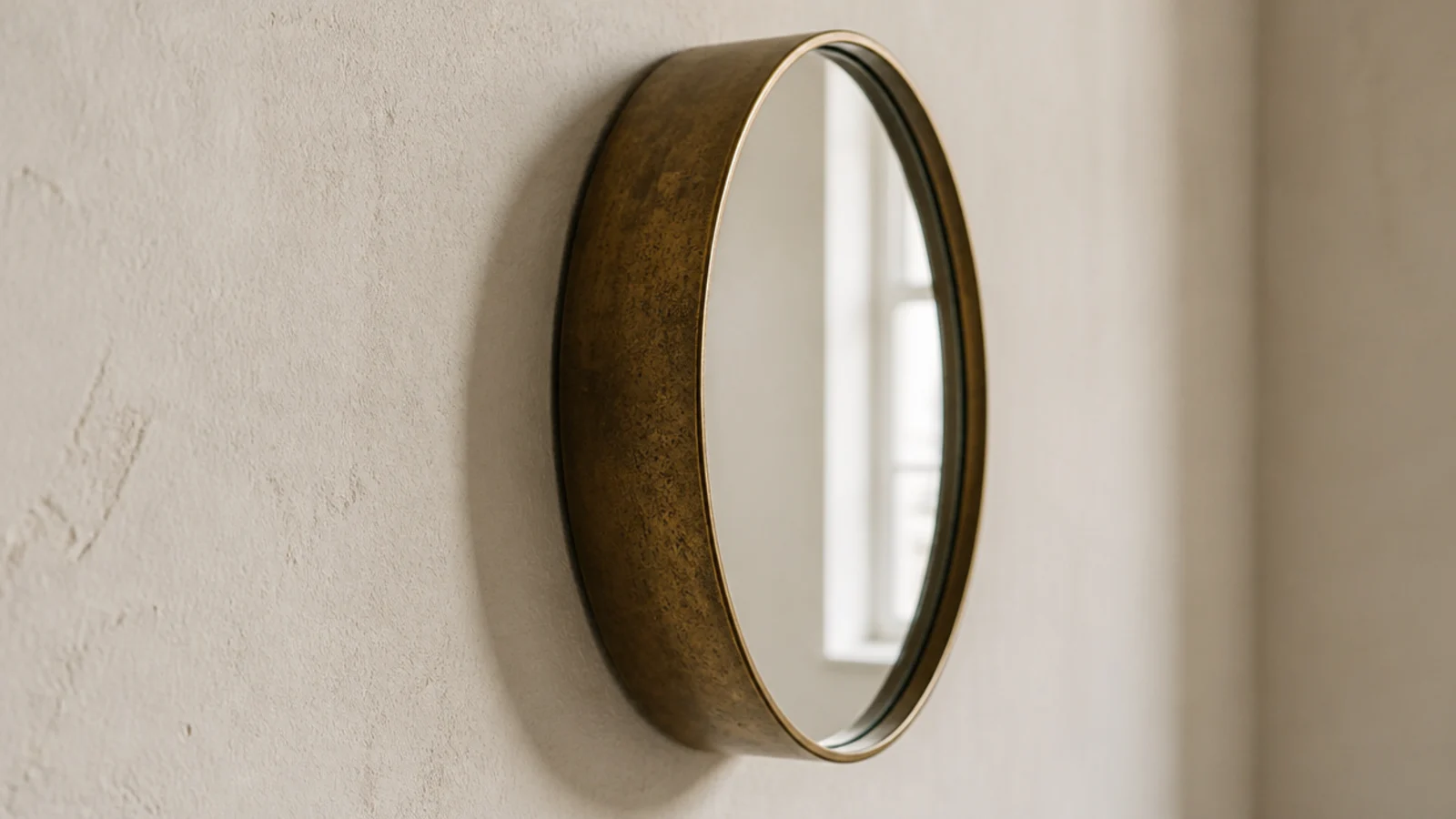 deep brass rimmed round mirror casting a shadow line on plaster