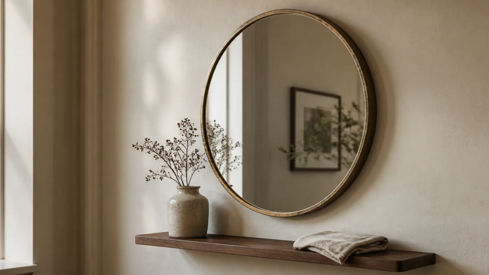 aged brass round mirror beside a stoneware vase on a walnut shelf
