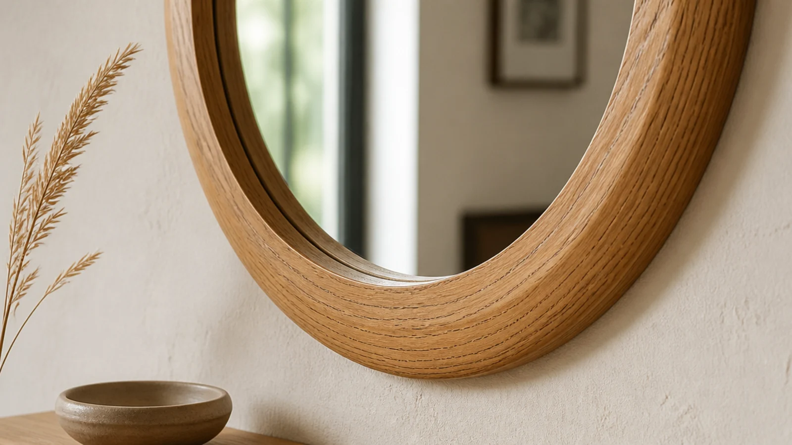 round oak framed mirror showing open grain against a pale wall
