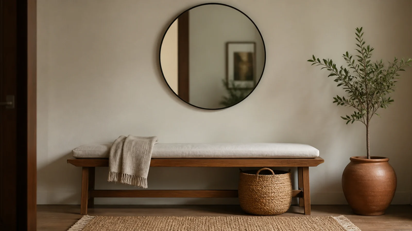 round mirror centred above a long oak entry bench with cushions