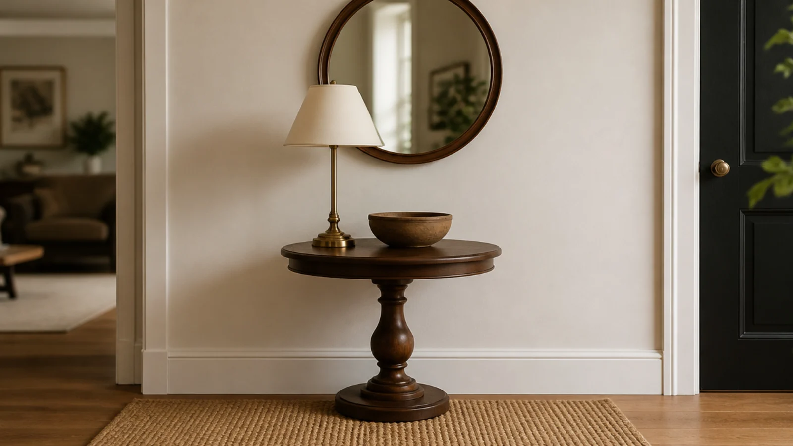 round wall mirror hung above a small round pedestal side table