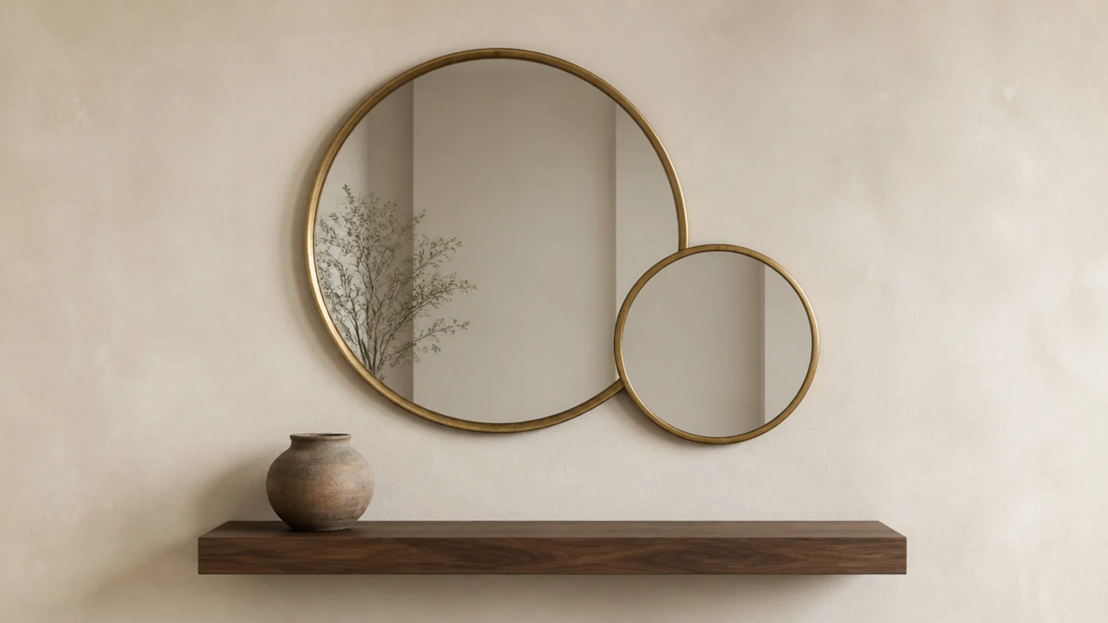 two round mirrors of different diameters overlapping on a wall
