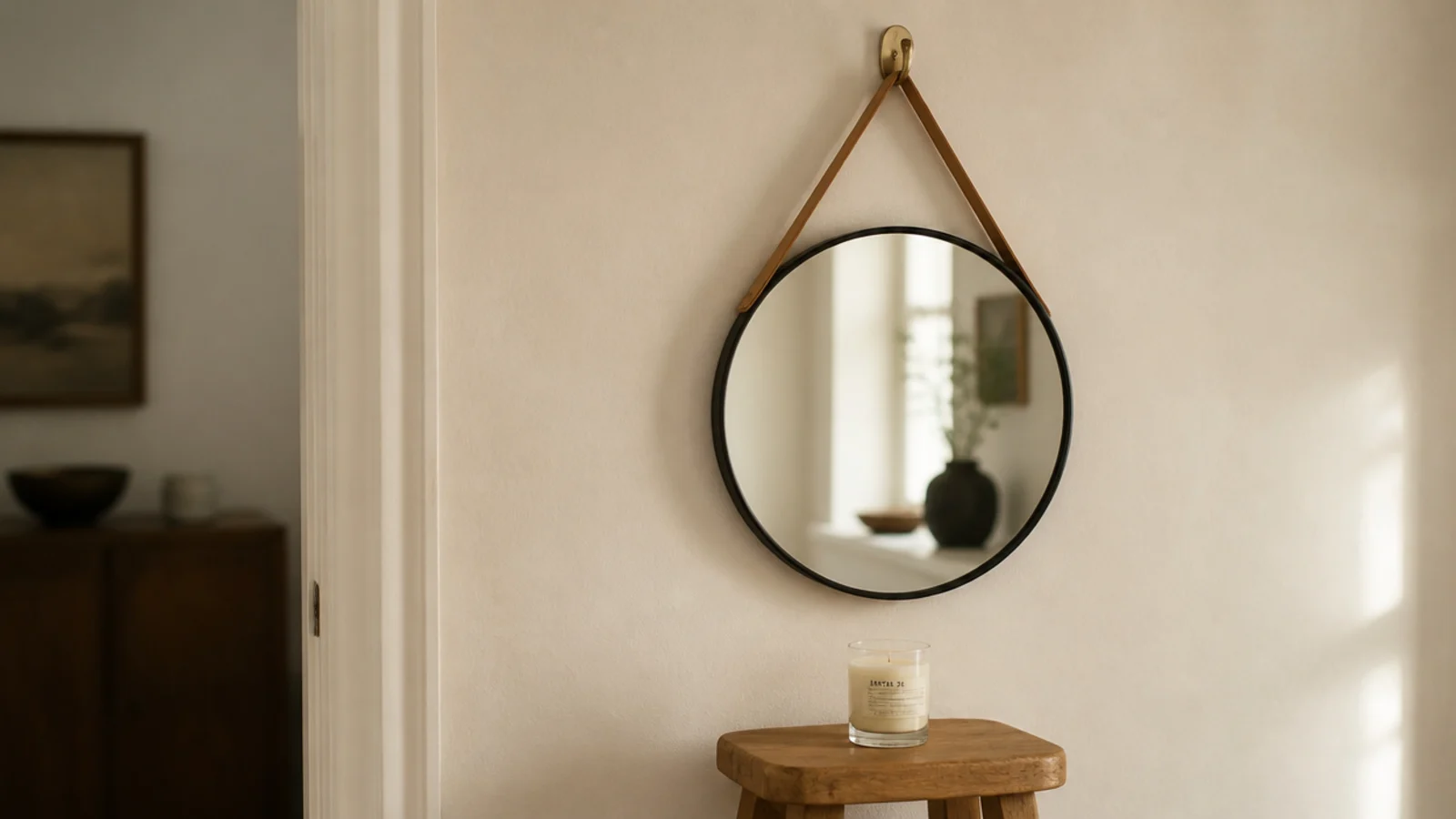 round mirror suspended from a tan leather strap on a cream wall