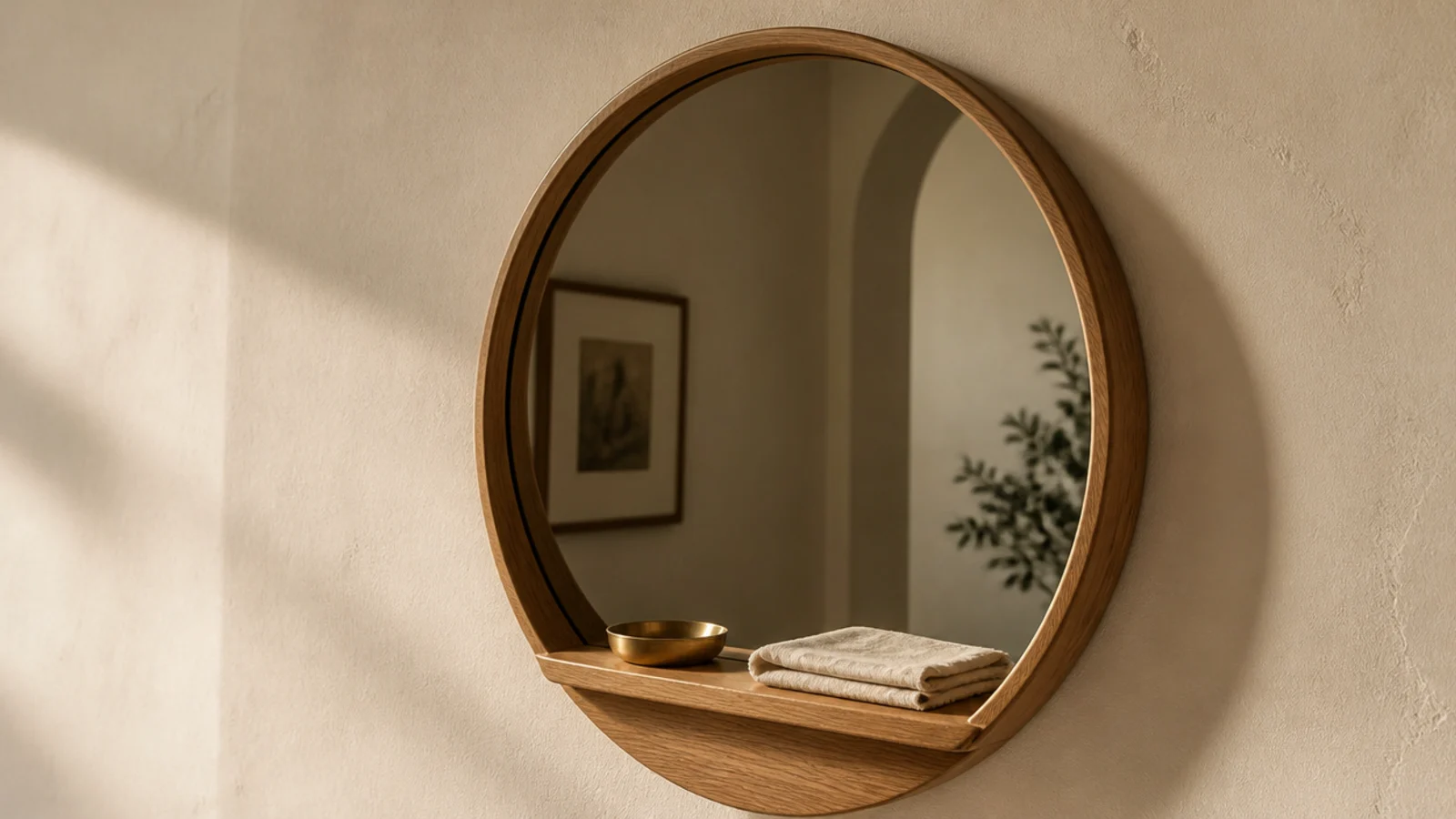 round mirror with a small oak shelf built into its lower frame
