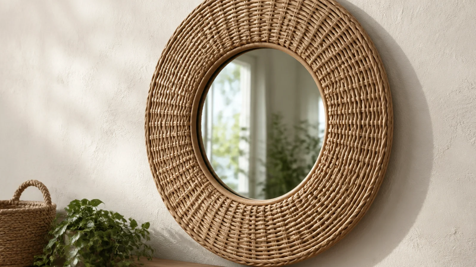 round mirror framed in woven rattan hung on a warm cream wall