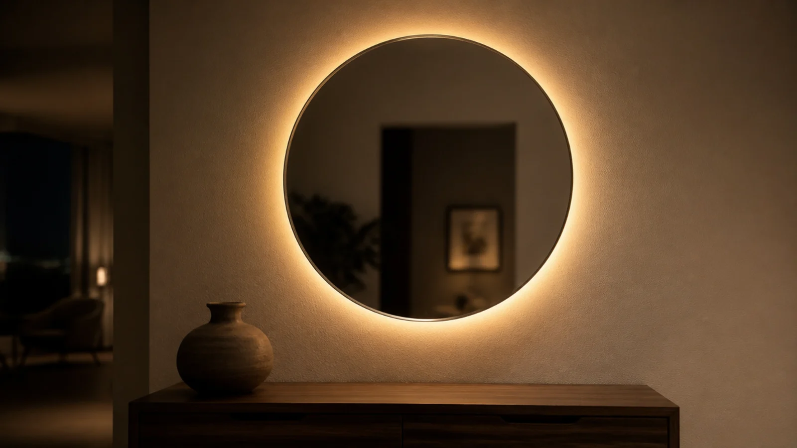 round mirror with a warm halo of light glowing behind its frame