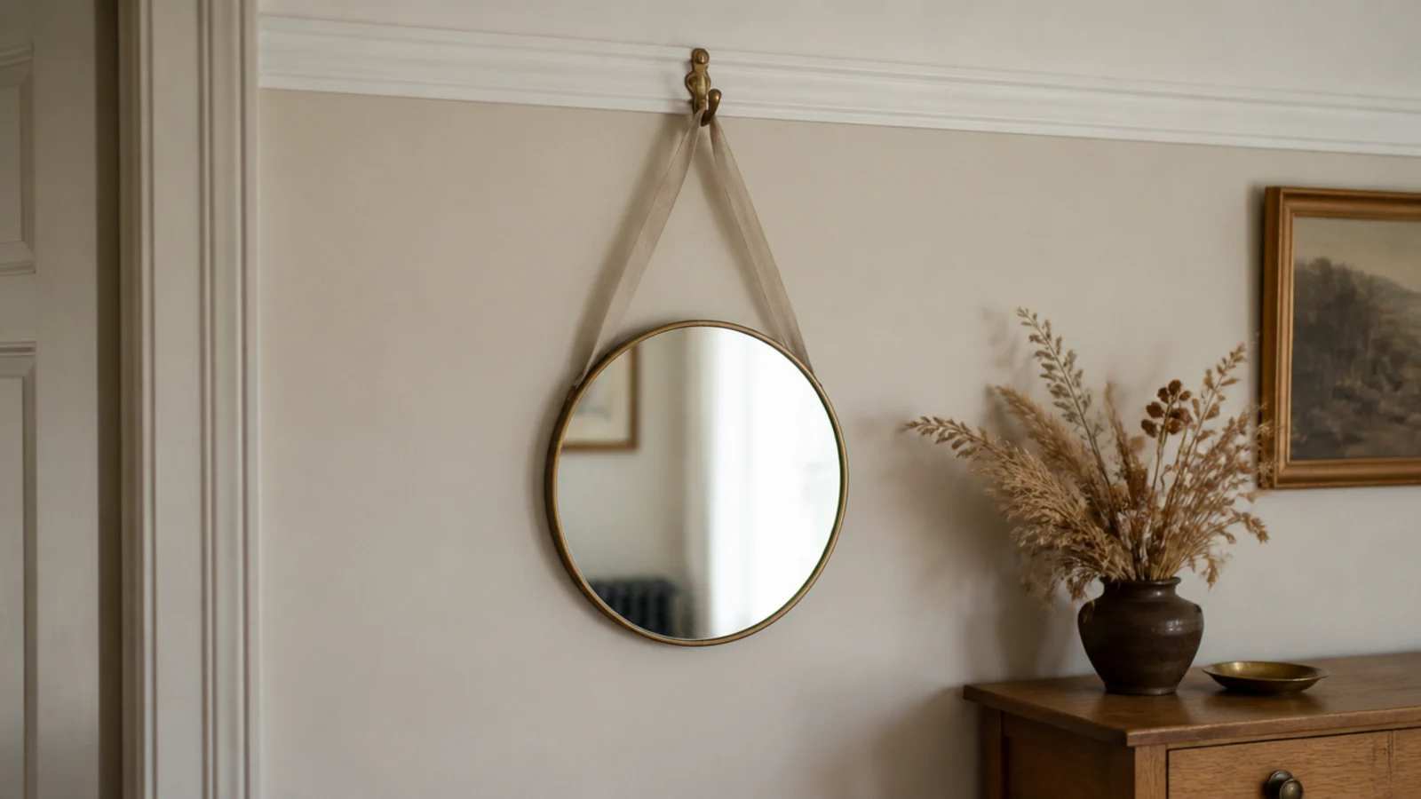round mirror suspended on wide linen ribbon from a picture rail