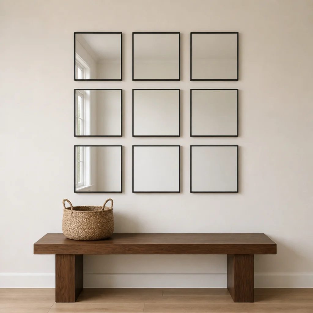 grid of nine identical small square mirrors on a large blank wall