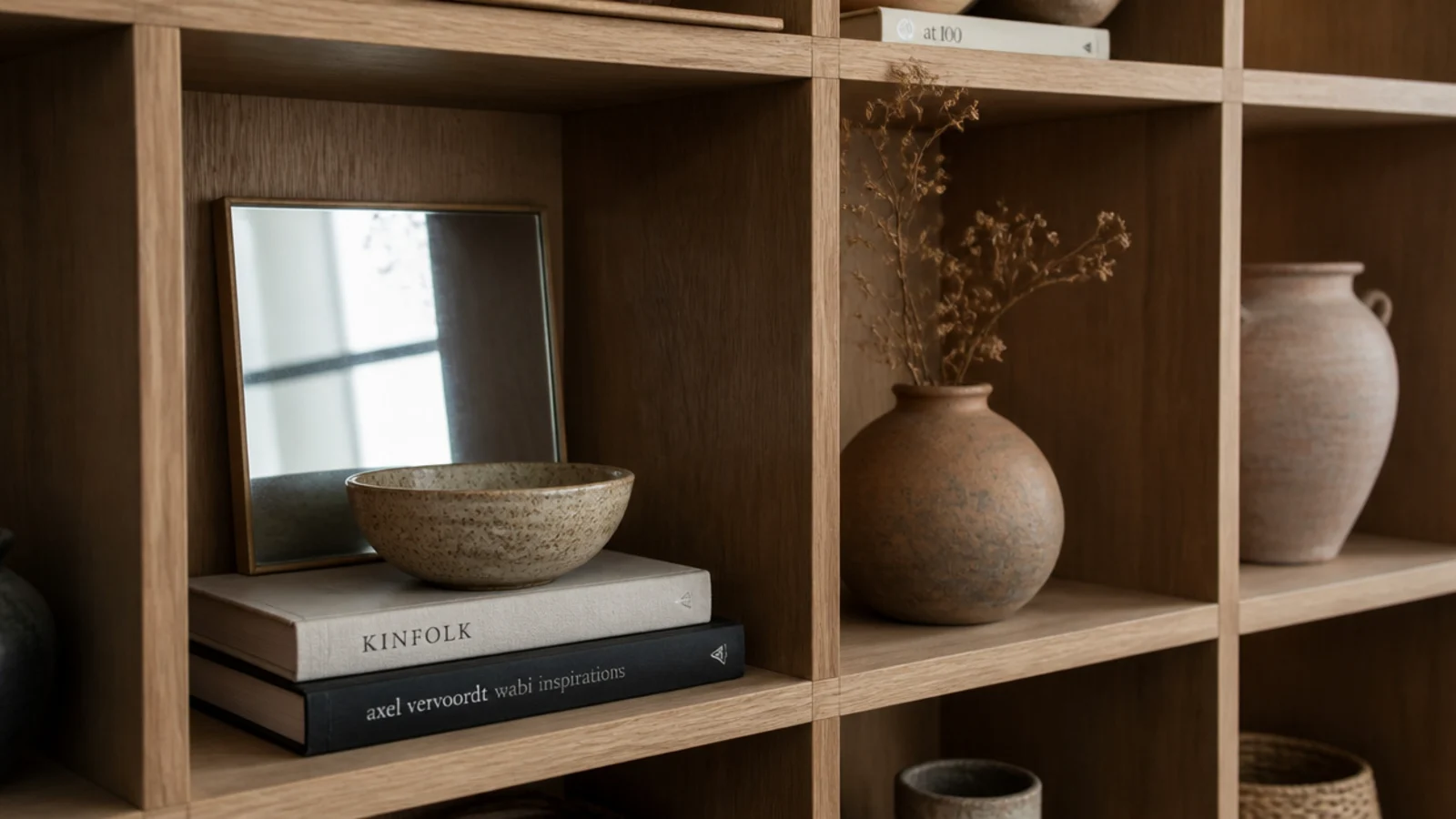 small mirror propped inside an open bookshelf cube among pottery pieces