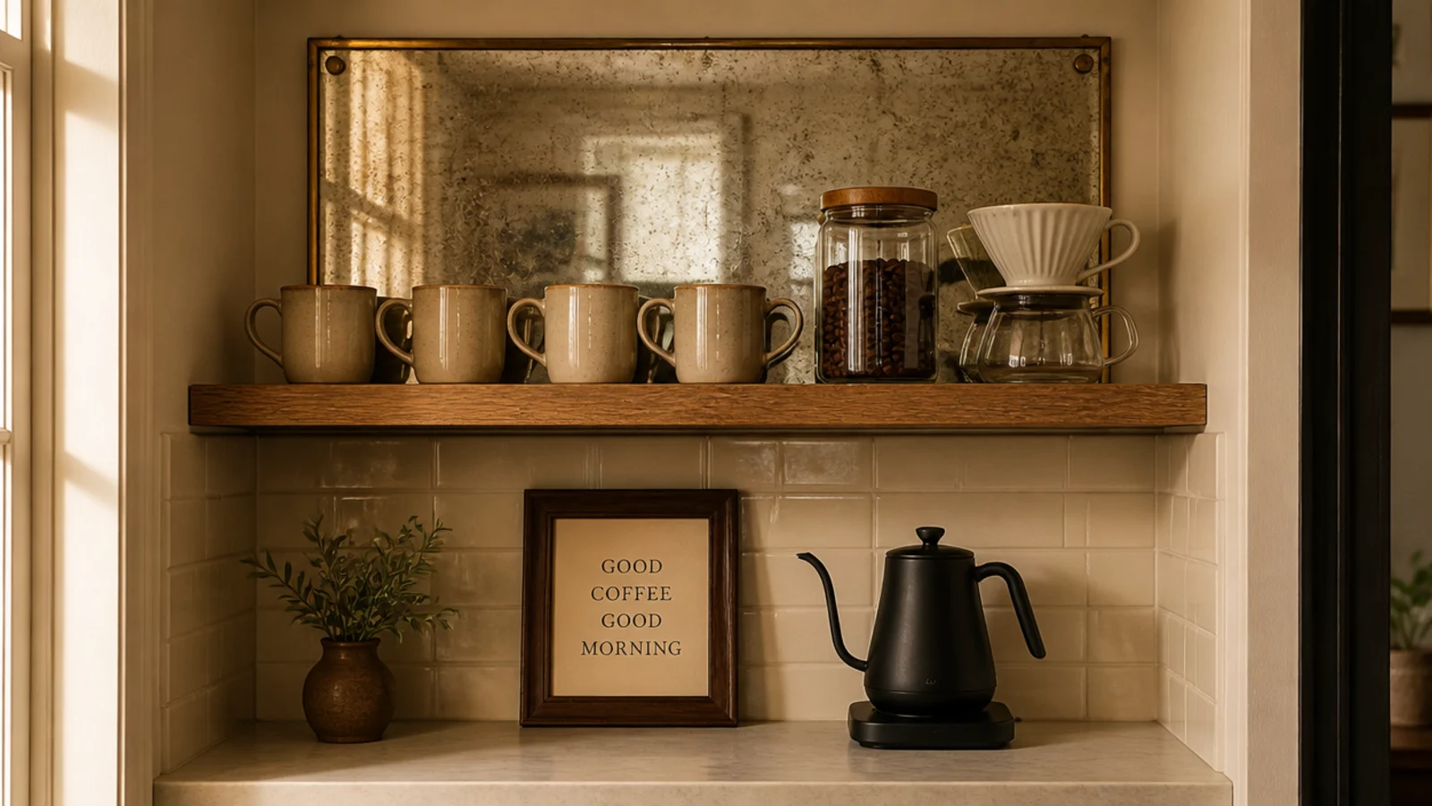 small mirror panel behind a coffee nook shelf holding mugs and beans